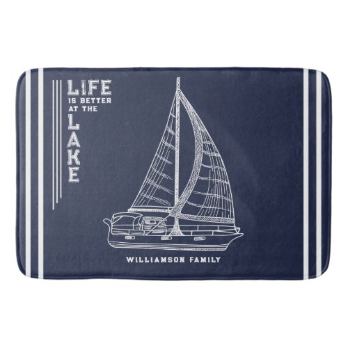 Nautical Lake House Family Name Navy Blue Bath Mat