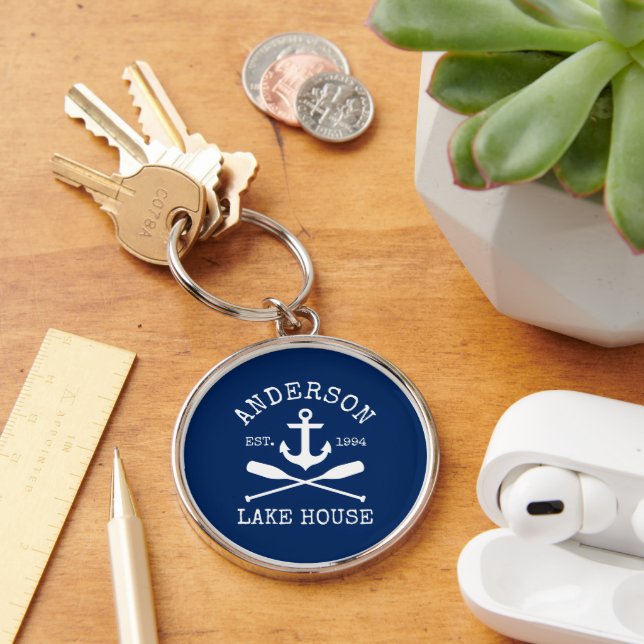 Nautical Lake House Family Navy Blue Anchor Oars Keychain (Desk)