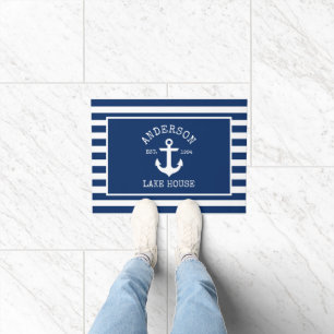 Nautical Lake House Navy Blue Striped Anchor Doormat