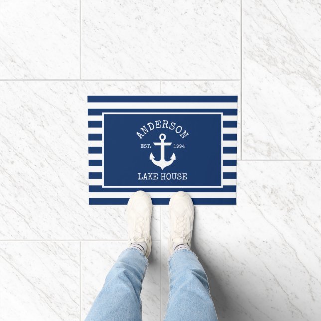 Nautical Lake House Navy Blue Striped Anchor Doormat (Indoor)