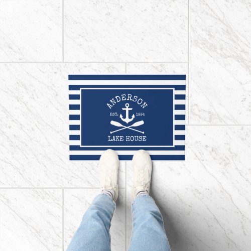 Nautical Lake House Navy Blue Striped Anchor Oars Doormat