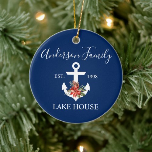 Nautical Lake House Winter Floral Navy Blue Ceramic Ornament