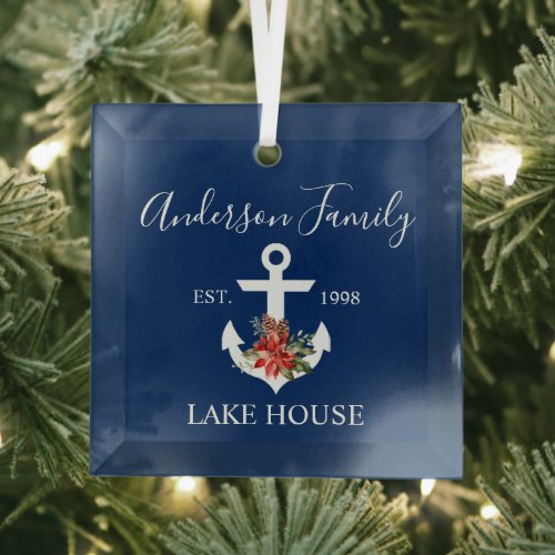Nautical Lake House Winter Floral Navy Blue Glass Ornament