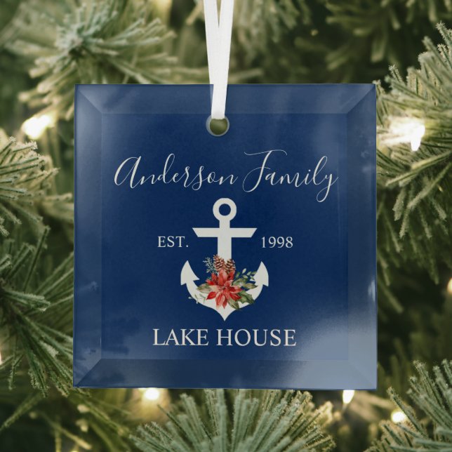 Nautical Lake House Winter Floral Navy Blue Glass Ornament (Insitu)