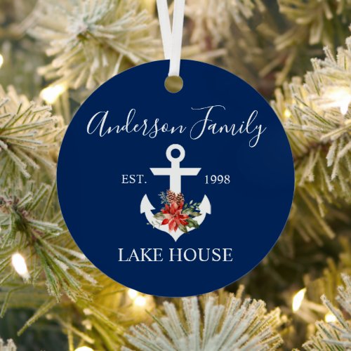 Nautical Lake House Winter Floral Navy Blue Metal Ornament
