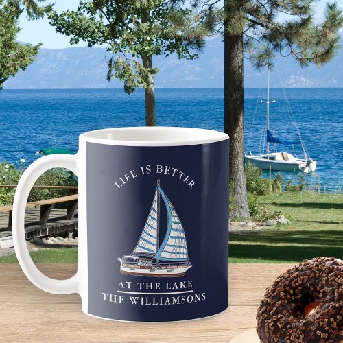 Nautical Lake Life Navy Blue and White Boat  Coffee Mug