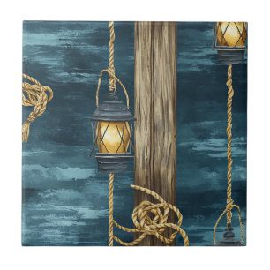 Nautical Lantern Rope Coastal Blue Pattern (2) Ceramic Tile