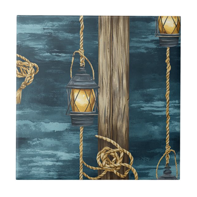 Nautical Lantern Rope Coastal Blue Pattern (2) Ceramic Tile (Front)