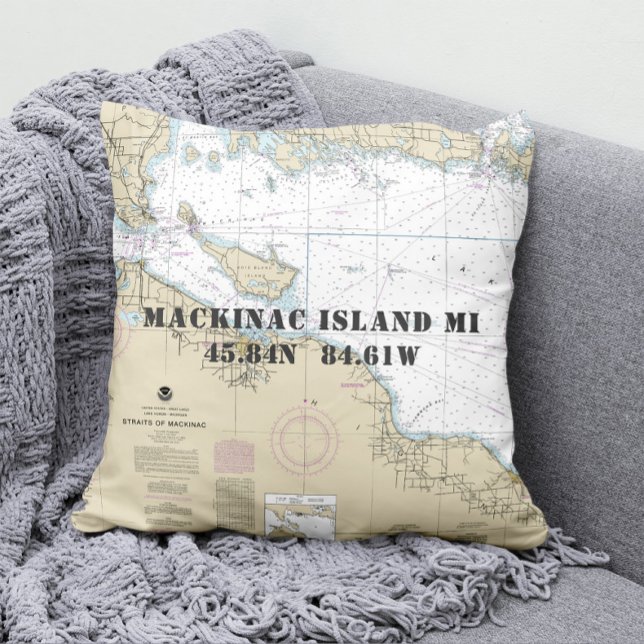 Nautical Latitude Longitude Mackinac Isl. Michigan Throw Pillow (Creator Uploaded)