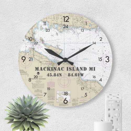 Nautical Latitude Longitude Mackinac Island 24_Hr Large Clock