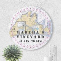 Nautical Latitude Longitude Martha's Vineyard Large Clock