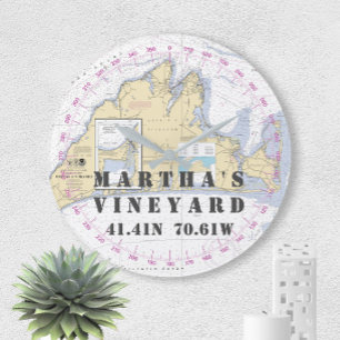Nautical Latitude Longitude Martha's Vineyard Large Clock