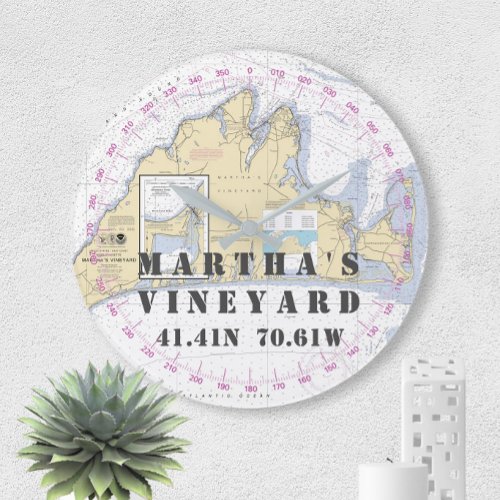 Nautical Latitude Longitude Marthas Vineyard Large Clock