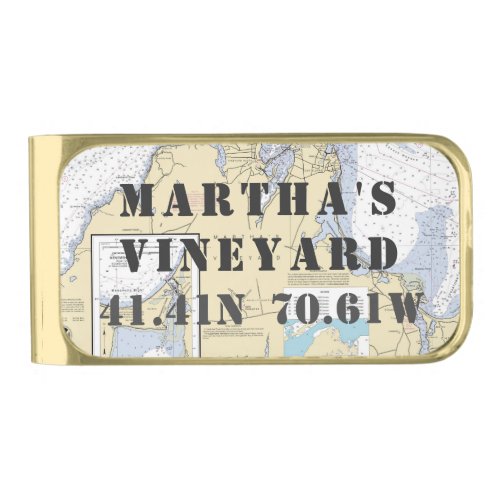 Nautical Latitude Longitude Marthas Vineyard MA Gold Finish Money Clip