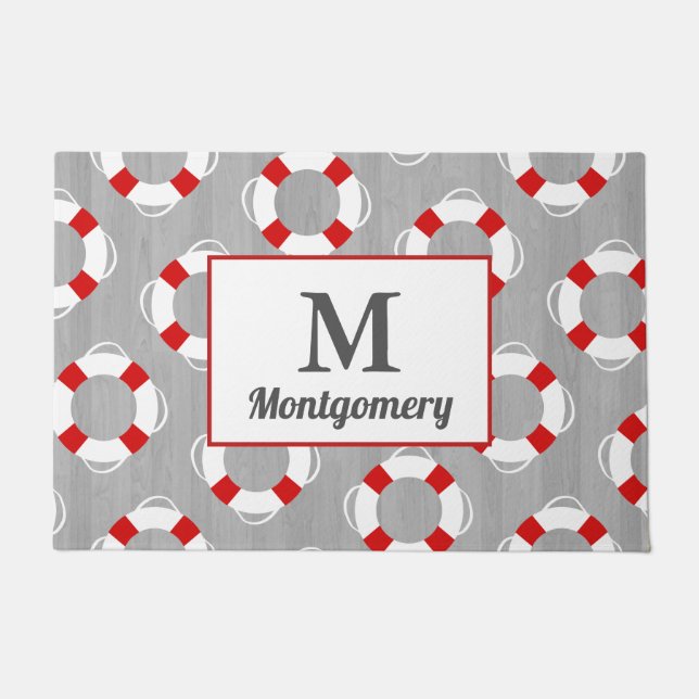Nautical Life Preserver & Gray Personalized Doormat (Front)
