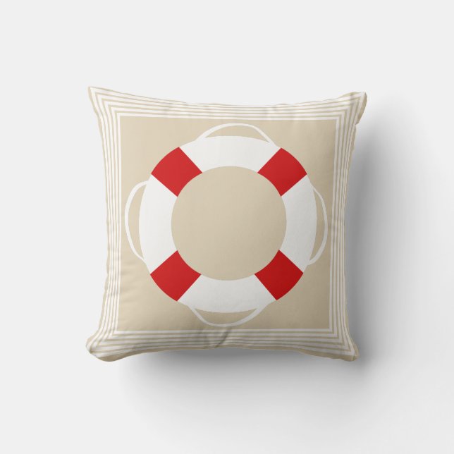 Nautical Life Preserver & Sandy Taupe Throw Pillow (Front)