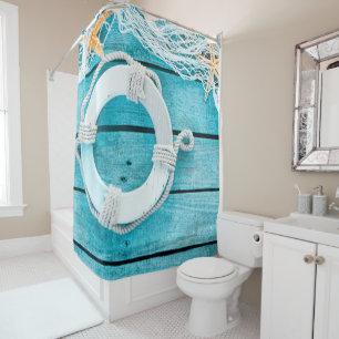 Nautical Life Saver on Blue Beach Wood Shower Curtain