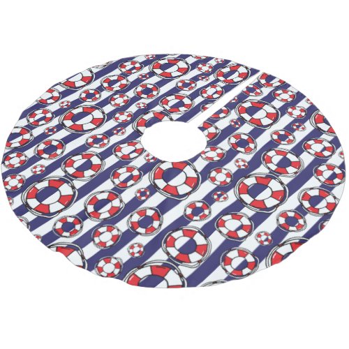 Nautical Lifebelts Red White Blue Striped Brushed Polyester Tree Skirt