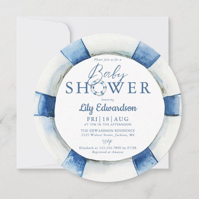 Nautical Lifebuoy Monogram Baby Shower Invitation (Front)