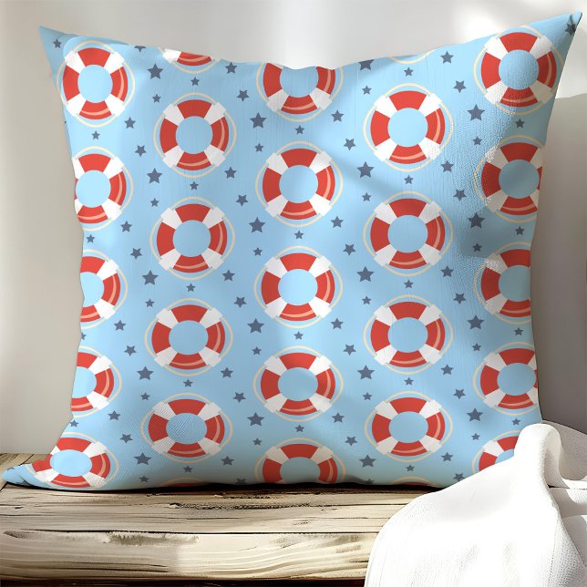 Nautical Lifesaver Stars Patterned  Throw Pillow (Creator Uploaded)