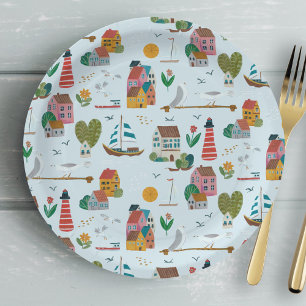 Nautical light blue pattern boy baby shower party paper plates