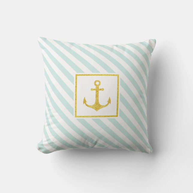 Nautical Light Blue Stripes Golden Glitter Anchor Throw Pillow (Front)