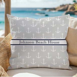 Nautical Light Gray Blue White Anchor Pattern Name Throw Pillow