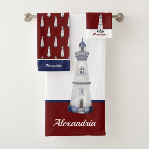 Nautical Light House Burgundy Maroon Navy Blue  Bath Towel Set