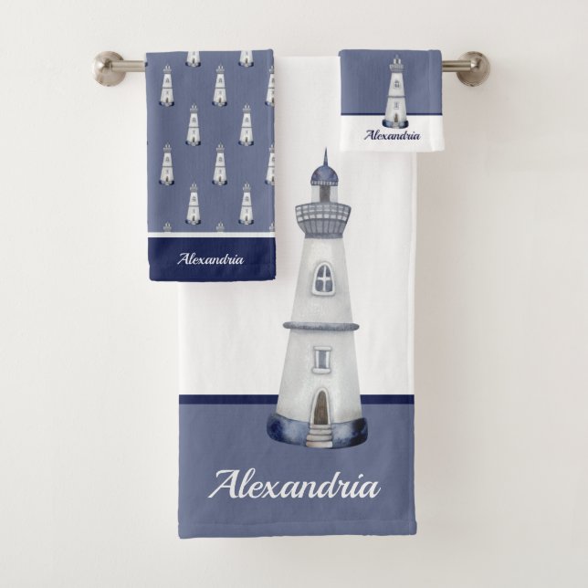 Nautical Light House Navy Dusty Blue White Bath Towel Set (Insitu)