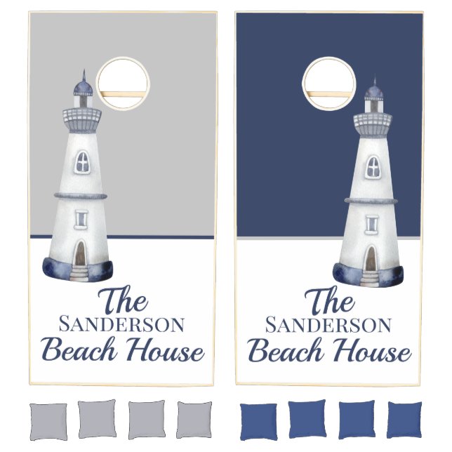 Nautical Light House Navy Dusty Blue White Cornhole Set (Set)