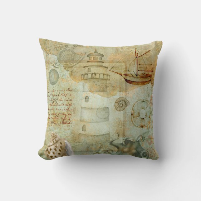 Nautical Light House Ocean Ship Sea Shell Throw Pillow (Front)