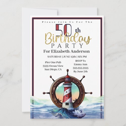 Nautical Light House Ocean Waves 50th Birthday Invitation