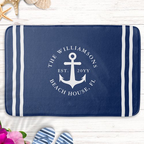 Nautical Light Navy Blue White Anchor Monogrammed Bath Mat