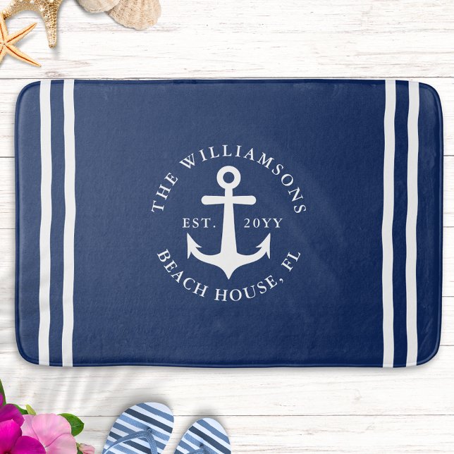 Nautical Light Navy Blue White Anchor Monogrammed Bath Mat (Creator Uploaded)