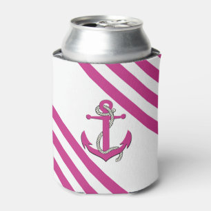 Nautical Light Pink anchor with rope/pink stripe Can Cooler