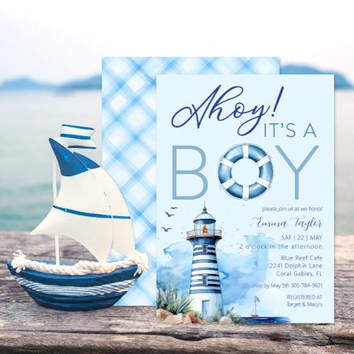 Nautical Lighthouse Ahoy Its A Boy Baby Shower Invitation