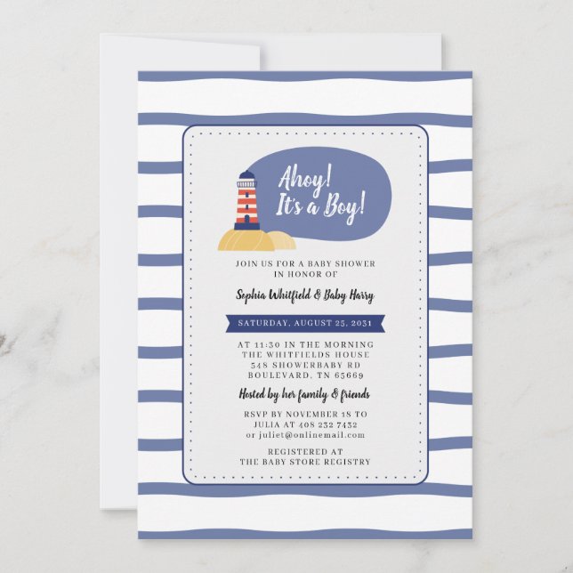 Nautical Lighthouse Ahoy It's a Boy Baby Shower Invitation (Front)