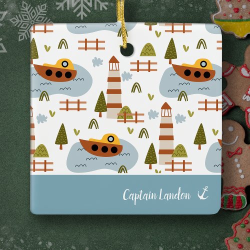 Nautical Lighthouse and Boat Kid Pattern Christmas Ceramic Ornament