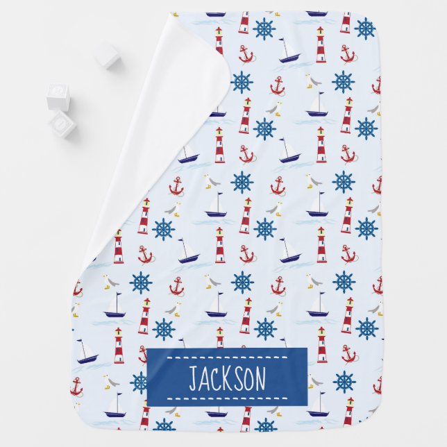 Nautical Lighthouse and Sailboat Personalised Baby Blanket (In Situ)