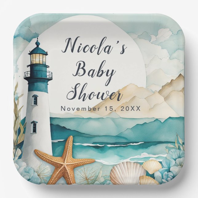 Nautical Lighthouse Baby Shower Paper Plates (Front)