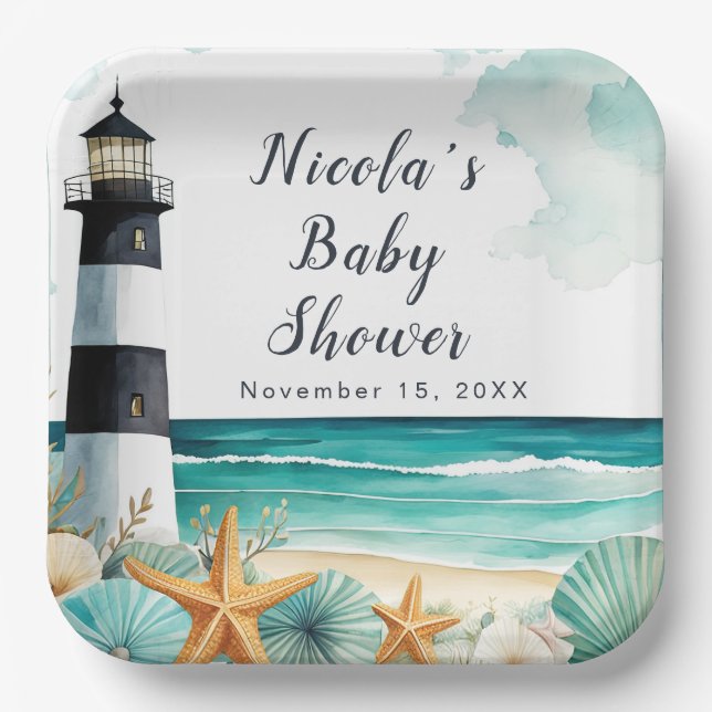 Nautical Lighthouse Baby Shower Paper Plates (Front)