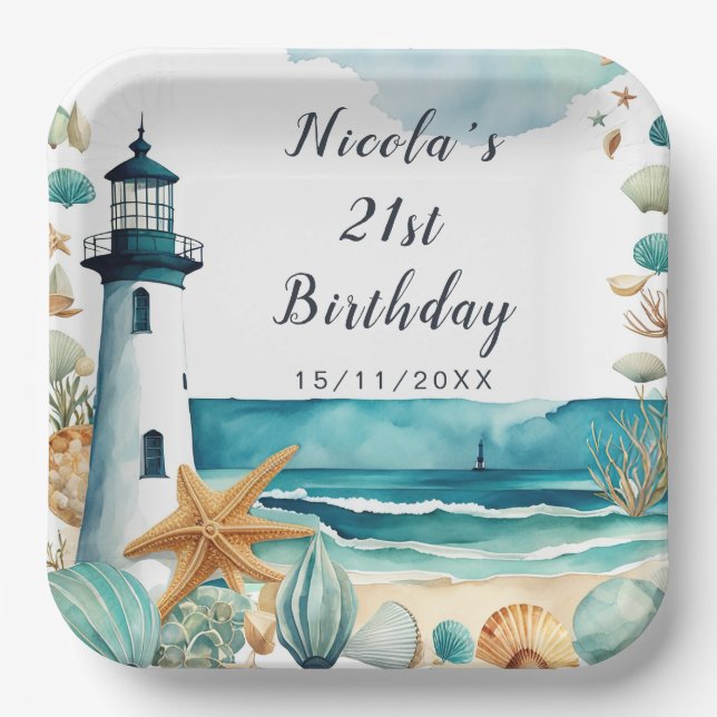 Nautical Lighthouse Birthday Paper Plates (Front)