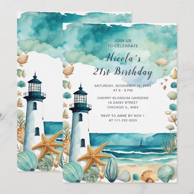 Nautical Lighthouse Birthday Party Invitation (Front/Back)