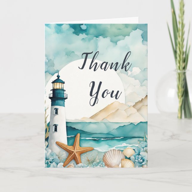 Nautical Lighthouse Birthday Party Thank You Card (Front)