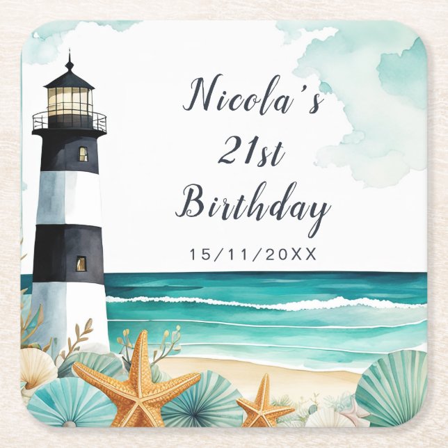 Nautical Lighthouse Birthday Square Paper Coaster (Front)