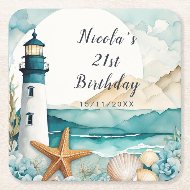 Nautical Lighthouse Birthday Square Paper Coaster (Front)
