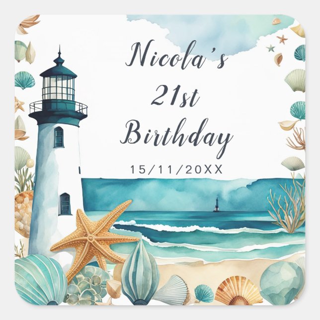 Nautical Lighthouse Birthday Square Sticker (Front)