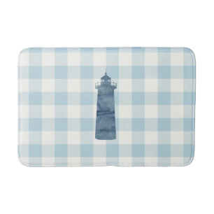 Nautical Lighthouse Blue Gingham Check Coastal Bath Mat