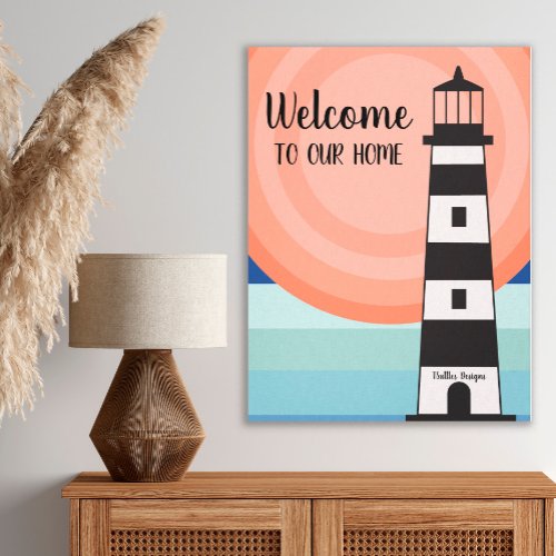 Nautical Lighthouse Blue Orange Ombre Sun Welcome Canvas Print