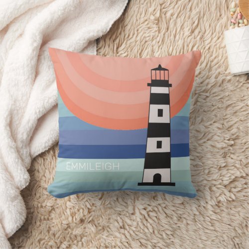 Nautical Lighthouse Blue Sky Orange Coral Sun Throw Pillow